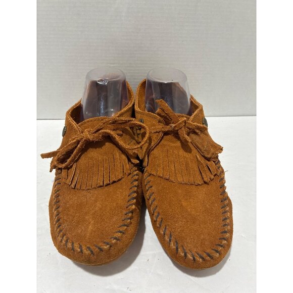 Minnetonka Fringe Moccasin Flats Leather Booties Women's 8.5 Brown Suede Studded - Picture 2 of 7